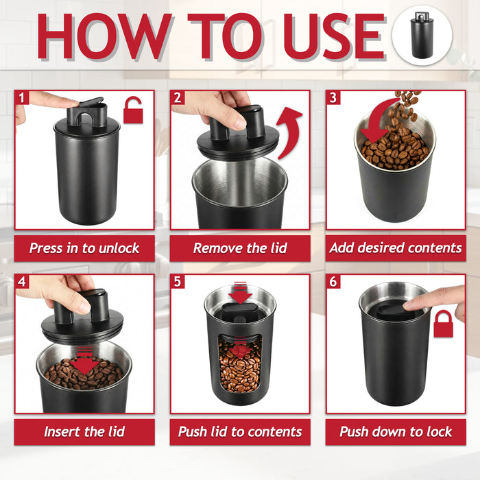 Airtight Coffee Canister Vacuum Seal Lid Stainless Steel Powder Coated Matt Black Storage Container Jar (Large, 1050ml Capacity)