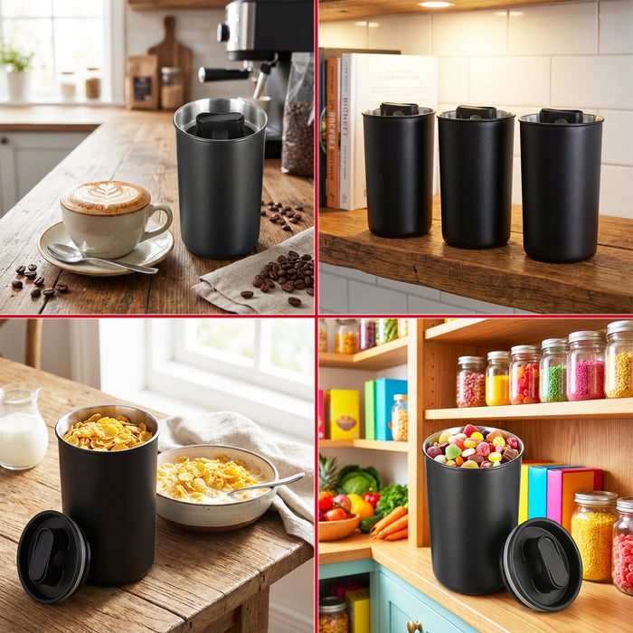 Airtight Coffee Canister Vacuum Seal Lid Stainless Steel Powder Coated Matt Black Storage Container Jar (Large, 1050ml Capacity)