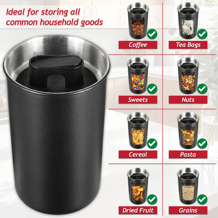 Airtight Coffee Canister Vacuum Seal Lid Stainless Steel Powder Coated Matt Black Storage Container Jar (Large, 1050ml Capacity)