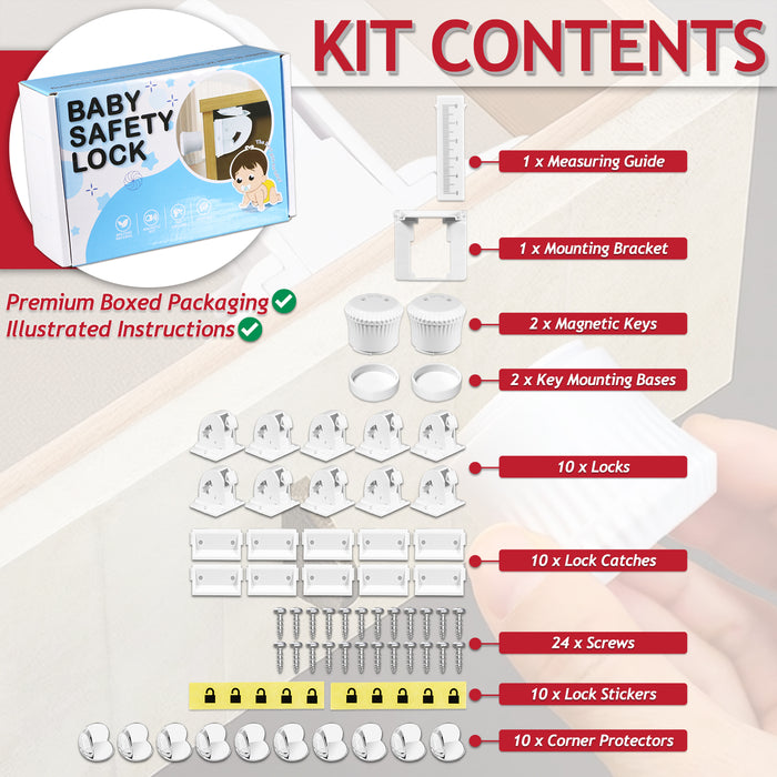 Magnetic Child Safety Lock Kit Cupboard Drawer Cabinet Furniture Safe Baby Proofing Set (10 x Locks + 2 x Keys + 10 x Corner Protectors)