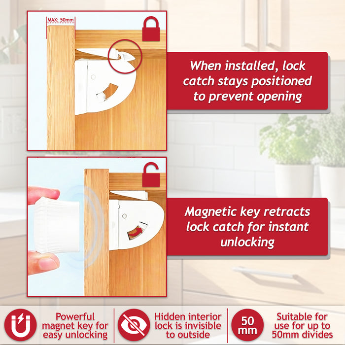 Magnetic Child Safety Lock Kit Cupboard Drawer Cabinet Furniture Safe Baby Proofing Set (10 x Locks + 2 x Keys + 10 x Corner Protectors)