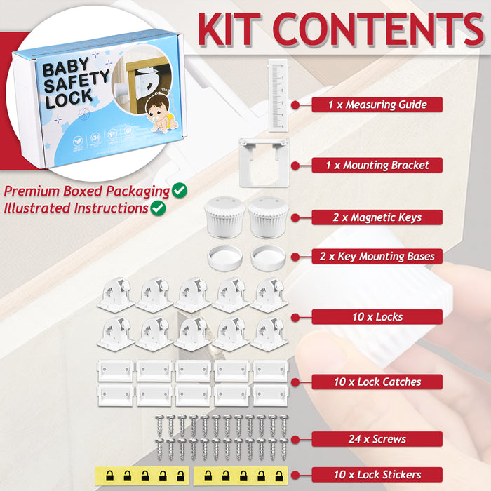 Magnetic Child Safety Lock Kit Cupboard Drawer Cabinet Furniture Safe Baby Proofing Set (10 x Locks + 2 x Keys)