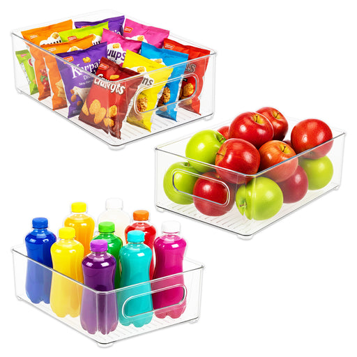 Storage Container Organiser Trays Clear Fridge Food Drink Pantry Cupboard Household Storing Drawers Small Medium Large Set (Pack of 3)