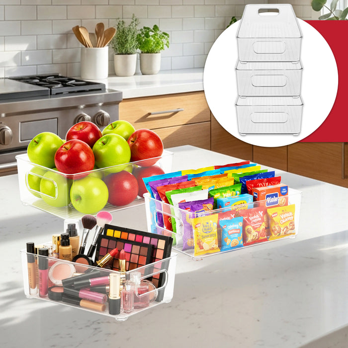 Storage Container Organiser Trays Clear Fridge Food Drink Pantry Cupboard Household Storing Drawers Small Medium Large Set (Pack of 3)
