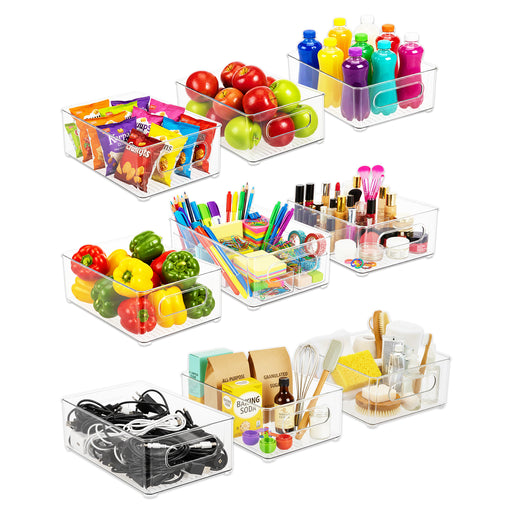 Storage Container Organiser Trays Clear Fridge Food Drink Pantry Cupboard Household Storing Drawers Small Medium Large Set (Pack of 9)