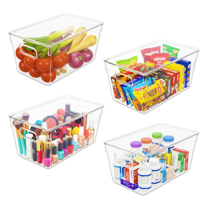 Stackable Storage Container Organiser Box Trays with Lids Clear Fridge Food Drink Pantry Cupboard Household Storing Drawers Set (Pack of 4)