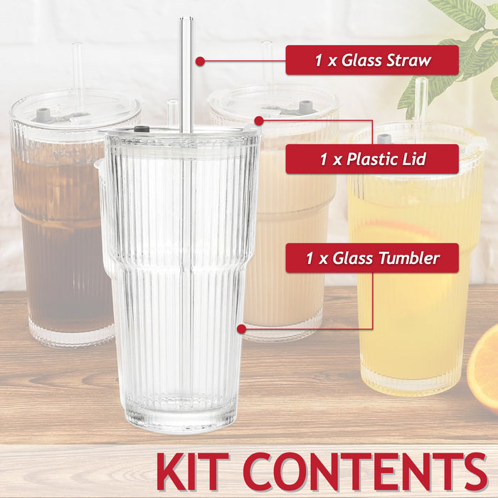 Glass Tumbler with Straw and Lid Thick Clear Ribbed 3-in-1 Cup (600ml Capacity)