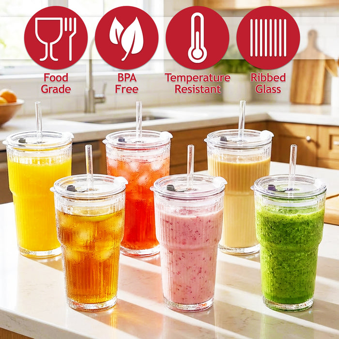 Glass Tumblers with Straws and Lids Thick Clear Ribbed 3-in-1 Cup Glasses (600ml Capacity, Pack of 2)