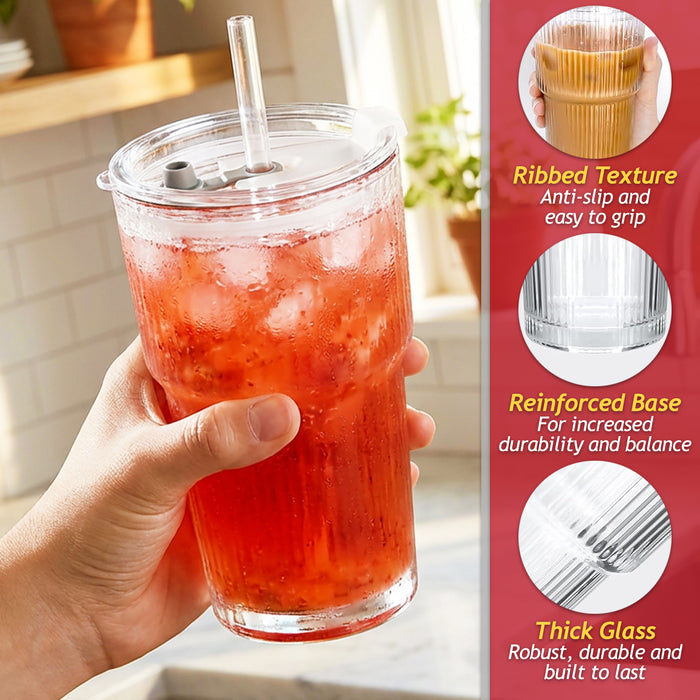 Glass Tumblers with Straws and Lids Thick Clear Ribbed 3-in-1 Cup Glasses (600ml Capacity, Pack of 2)