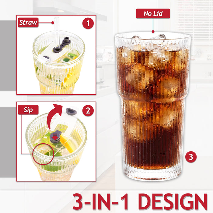 Glass Tumblers with Straws and Lids Thick Clear Ribbed 3-in-1 Cup Glasses (600ml Capacity, Pack of 2)