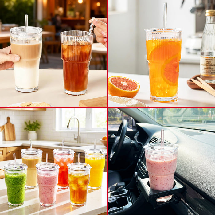 Glass Tumblers with Straws and Lids Thick Clear Ribbed 3-in-1 Cup Glasses (600ml Capacity, Pack of 2)