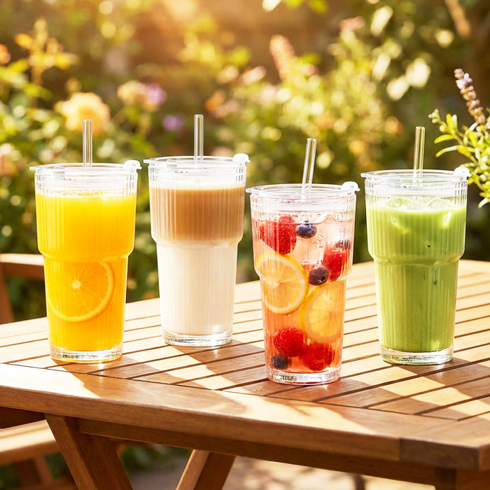 Glass Tumblers with Straws and Lids Thick Clear Ribbed 3-in-1 Cup Glasses (600ml Capacity, Pack of 2)