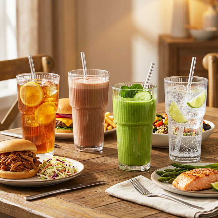 Glass Tumblers with Straws and Lids Thick Clear Ribbed 3-in-1 Cup Glasses (600ml Capacity, Pack of 2)