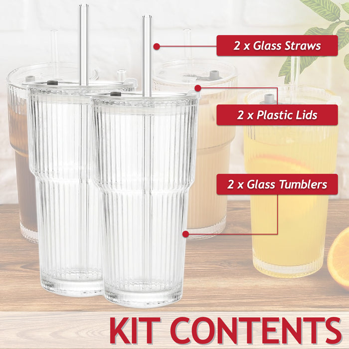Glass Tumblers with Straws and Lids Thick Clear Ribbed 3-in-1 Cup Glasses (600ml Capacity, Pack of 2)