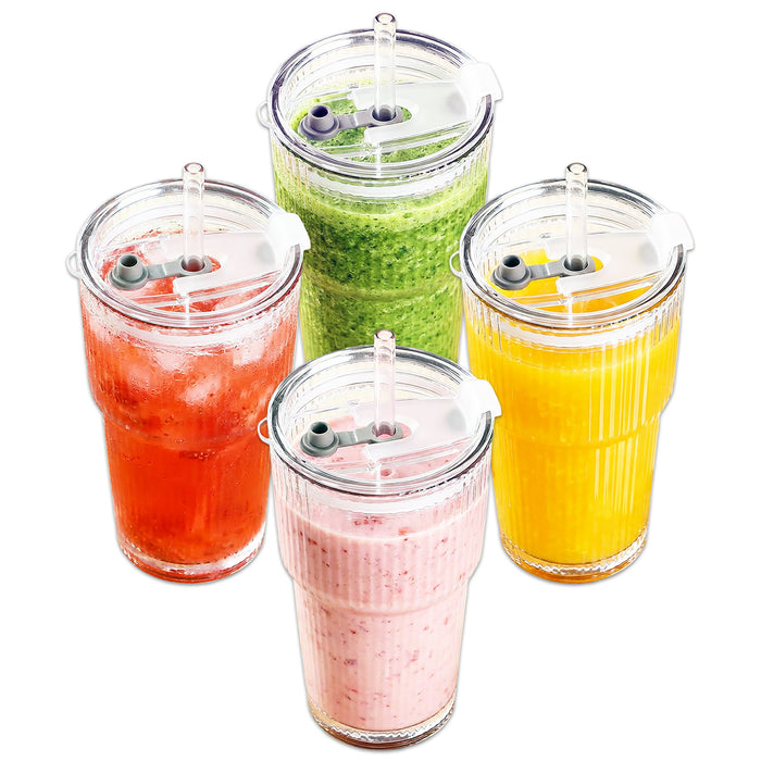 Glass Tumblers with Straws and Lids Thick Clear Ribbed 3-in-1 Cup Glasses (600ml Capacity, Pack of 4)