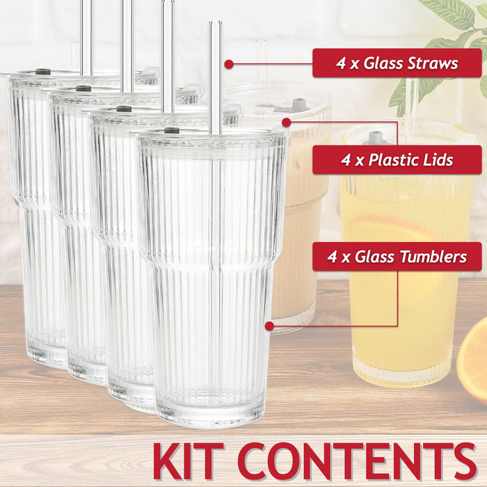 Glass Tumblers with Straws and Lids Thick Clear Ribbed 3-in-1 Cup Glasses (600ml Capacity, Pack of 4)