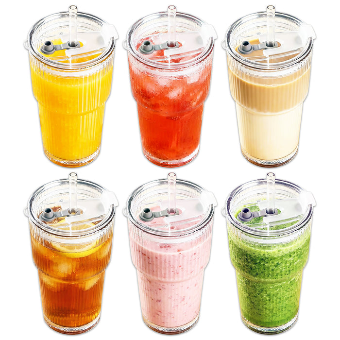 Glass Tumblers with Straws and Lids Thick Clear Ribbed 3-in-1 Cup Glasses (600ml Capacity, Pack of 6)