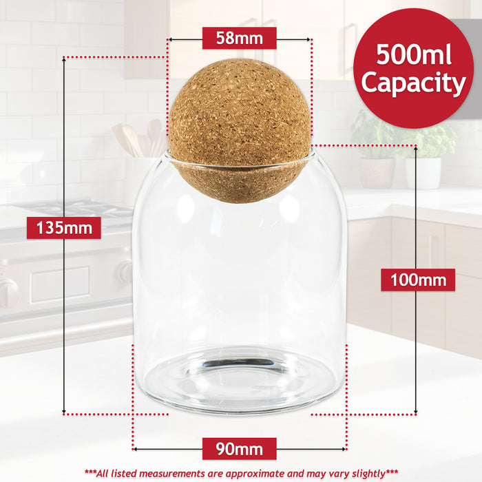 Glass Jar Canisters with Cork Ball Lids Tea Coffee Sugar Containers + Wooden Stand + Labels (Set of 3, 500ml Capacity)
