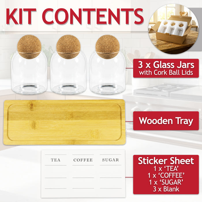 Glass Jar Canisters with Cork Ball Lids Tea Coffee Sugar Containers + Wooden Stand + Labels (Set of 3, 500ml Capacity)