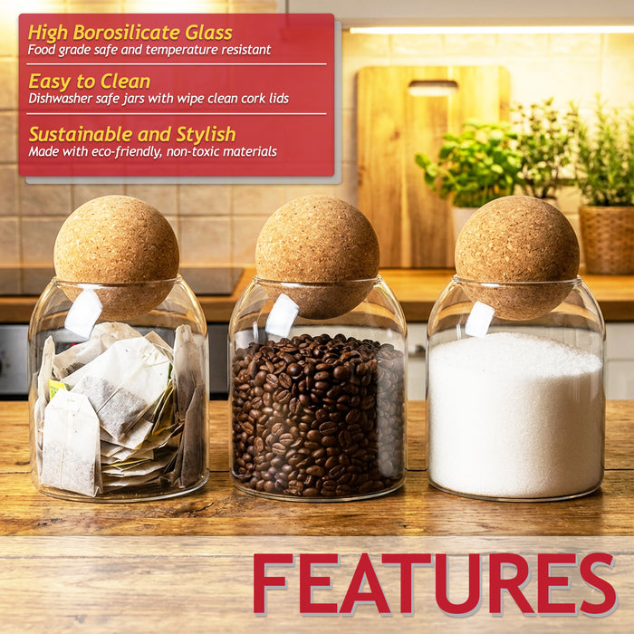 Glass Jar Canisters with Cork Ball Lids Tea Coffee Sugar Containers + Wooden Stand + Labels (Set of 3, 500ml Capacity)