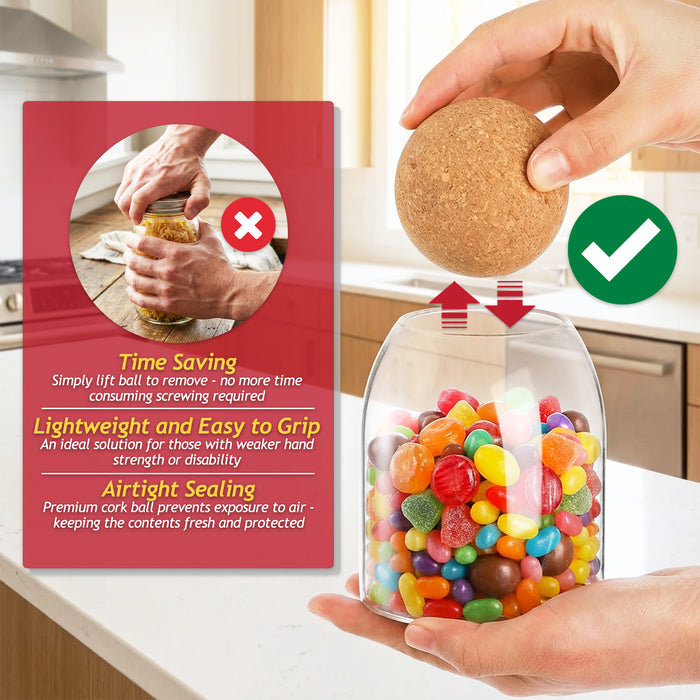 Glass Jar Canisters with Cork Ball Lids Tea Coffee Sugar Containers + Wooden Stand + Labels (Set of 3, 500ml Capacity)