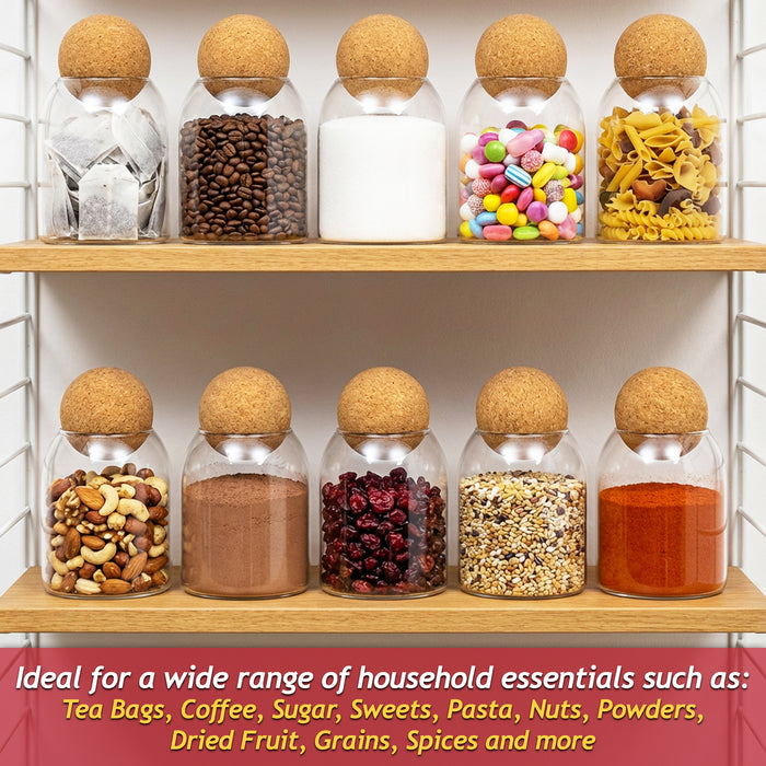 Glass Jar Canisters with Cork Ball Lids Tea Coffee Sugar Containers + Wooden Stand + Labels (Set of 3, 500ml Capacity)