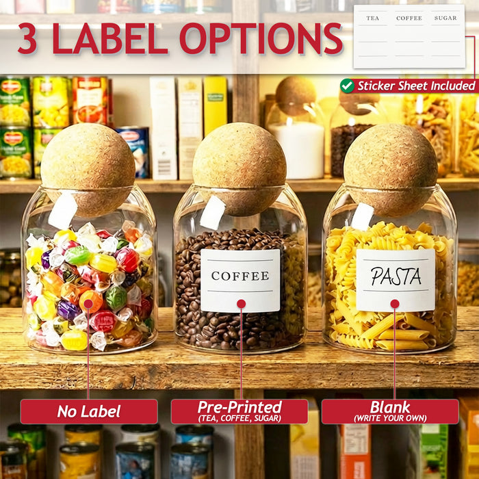 Glass Jar Canisters with Cork Ball Lids Tea Coffee Sugar Containers + Wooden Stand + Labels (Set of 3, 500ml Capacity)
