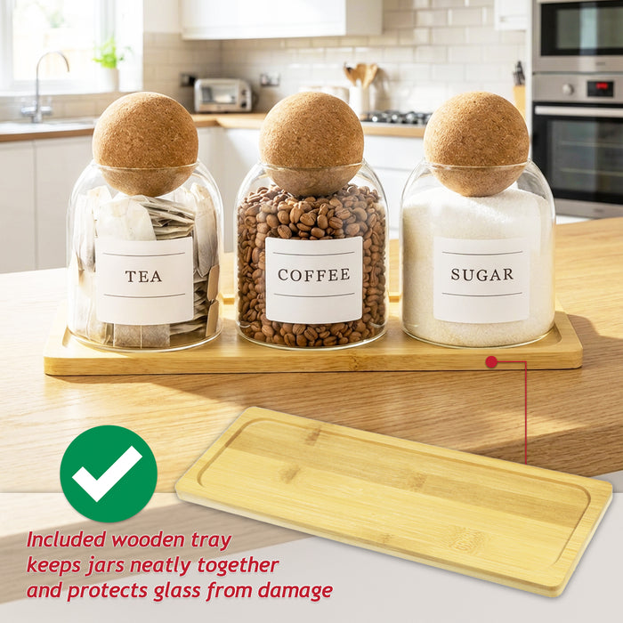 Glass Jar Canisters with Cork Ball Lids Tea Coffee Sugar Containers + Wooden Stand + Labels (Set of 3, 500ml Capacity)