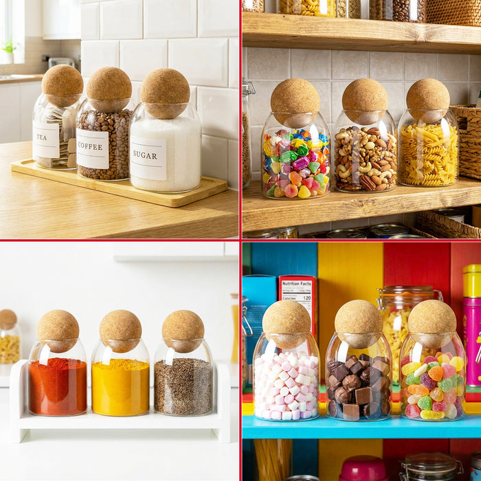 Glass Jar Canisters with Cork Ball Lids Tea Coffee Sugar Containers + Wooden Stand + Labels (Set of 3, 500ml Capacity)