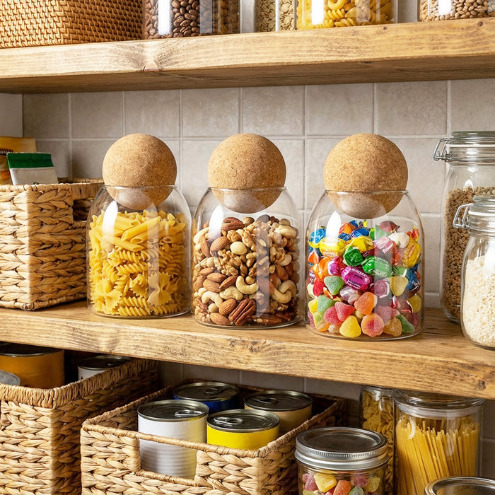 Glass Jar Canisters with Cork Ball Lids Tea Coffee Sugar Containers + Wooden Stand + Labels (Set of 3, 500ml Capacity)