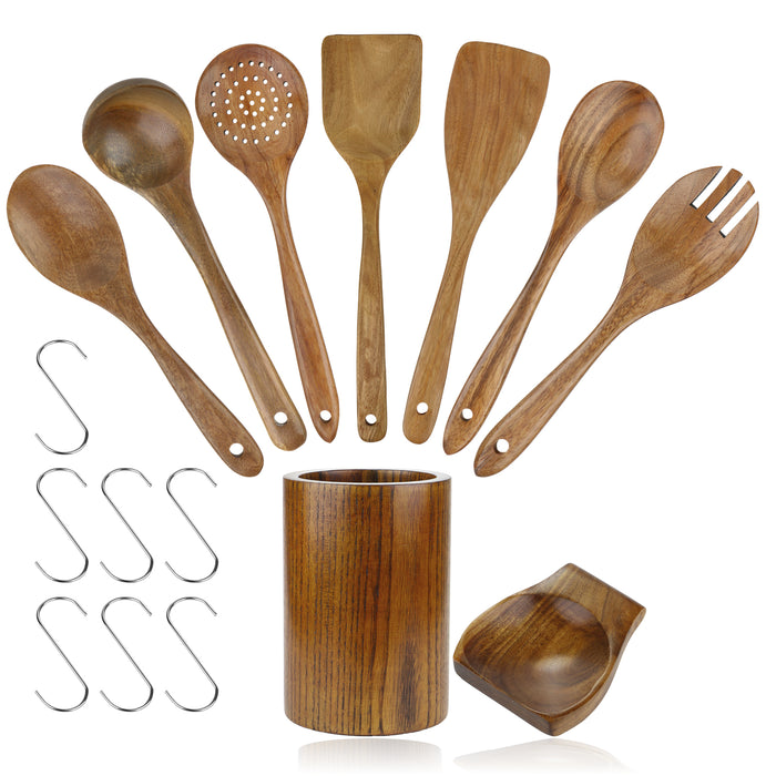 Wooden Kitchen Utensil Set 7 piece Teak Spoons Spatulas Non-Scratch Food Safe