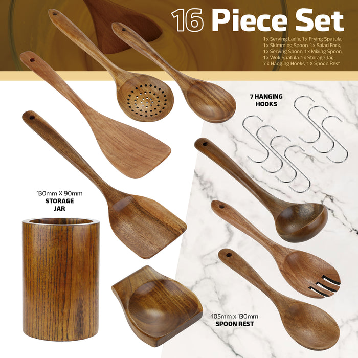 Wooden Kitchen Utensil Set 7 piece Teak Spoons Spatulas Non-Scratch Food Safe
