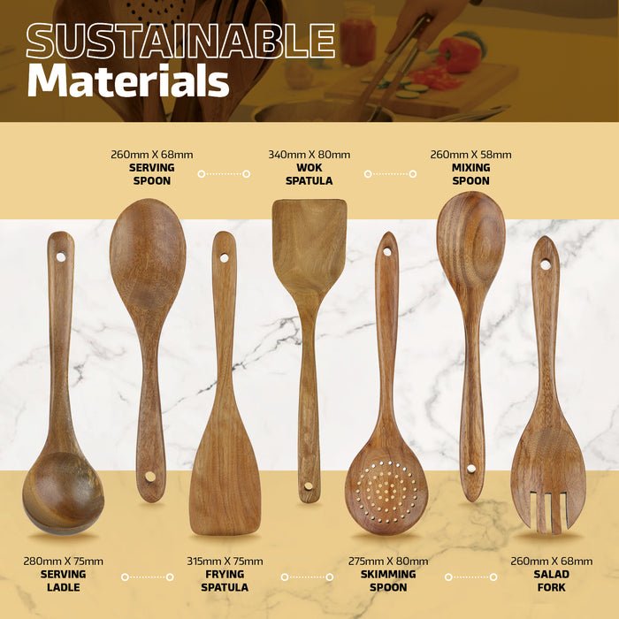 Wooden Kitchen Utensil Set 7 piece Teak Spoons Spatulas Non-Scratch Food Safe