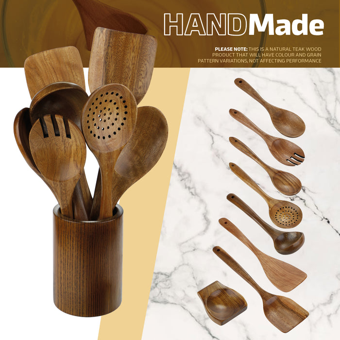 Wooden Kitchen Utensil Set 7 piece Teak Spoons Spatulas Non-Scratch Food Safe