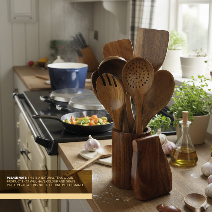 Wooden Kitchen Utensil Set 7 piece Teak Spoons Spatulas Non-Scratch Food Safe