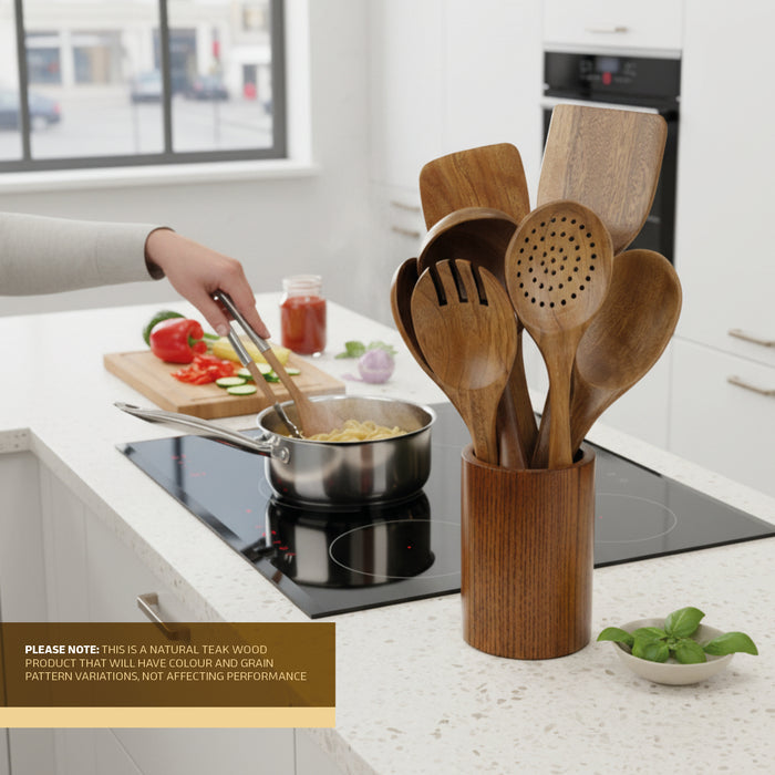 Wooden Kitchen Utensil Set 7 piece Teak Spoons Spatulas Non-Scratch Food Safe