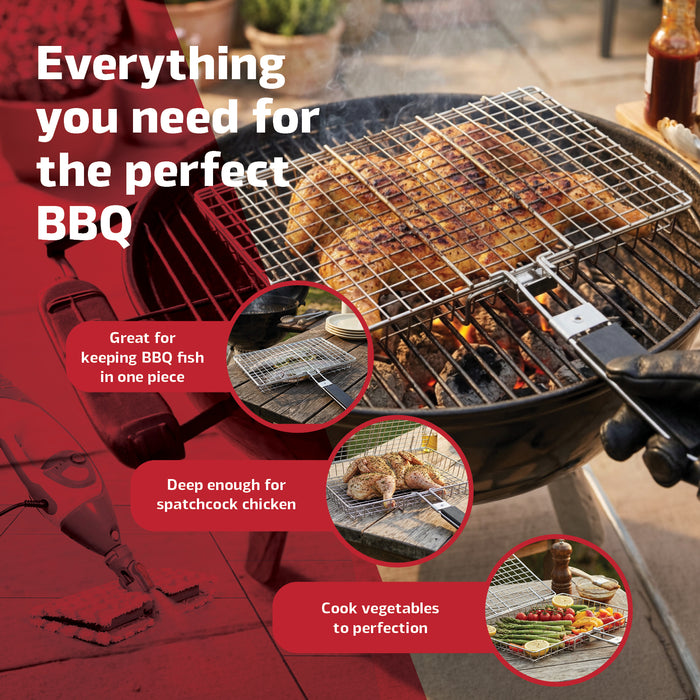 BBQ Deep Grill Basket Cage with Handle Steel Lid for Fish Chicken Grilling