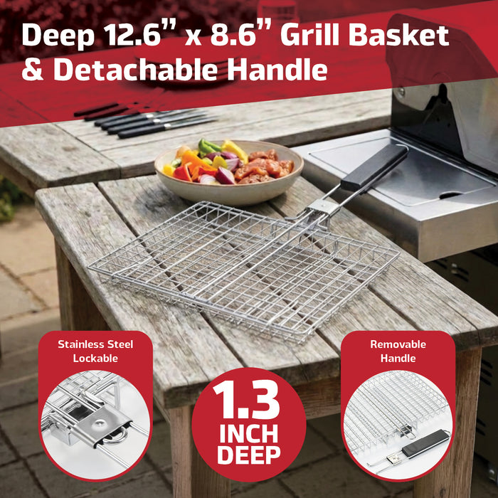 BBQ Deep Grill Basket Cage with Handle Steel Lid for Fish Chicken Grilling