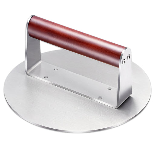 Stainless Steel Burger Press Non Stick BBQ Meat Grilling Smasher Tool with Heat Resistant Wooden Handle (6.3" Diameter)
