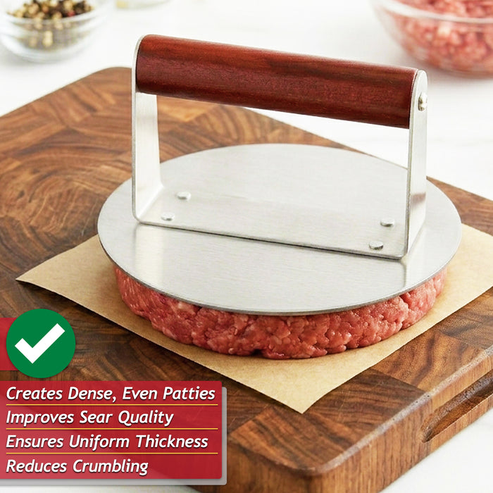 Stainless Steel Burger Press Non Stick BBQ Meat Grilling Smasher Tool with Heat Resistant Wooden Handle (6.3" Diameter)