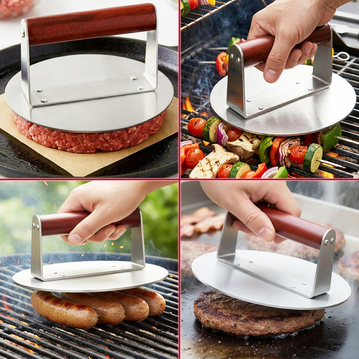 Stainless Steel Burger Press Non Stick BBQ Meat Grilling Smasher Tool with Heat Resistant Wooden Handle (6.3" Diameter)