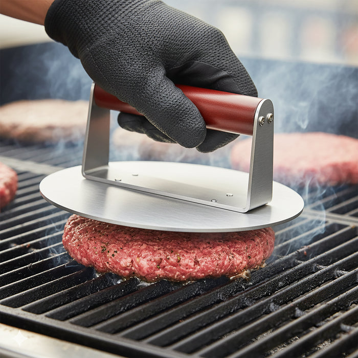 Stainless Steel Burger Press Non Stick BBQ Meat Grilling Smasher Tool with Heat Resistant Wooden Handle (6.3" Diameter)