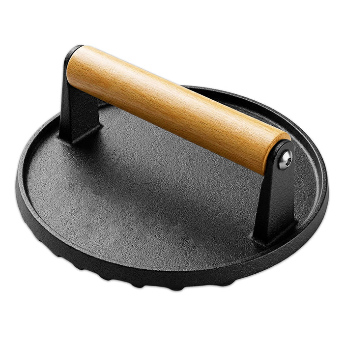 Cast Iron Burger Press Heavy Duty BBQ Meat Grilling Smasher Tool with Heat Resistant Wooden Handle (6.9" Diameter)