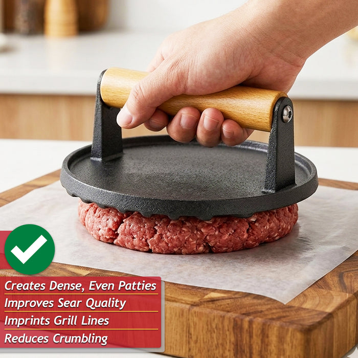 Cast Iron Burger Press Heavy Duty BBQ Meat Grilling Smasher Tool with Heat Resistant Wooden Handle (6.9" Diameter)