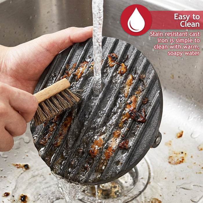 Cast Iron Burger Press Heavy Duty BBQ Meat Grilling Smasher Tool with Heat Resistant Wooden Handle (6.9" Diameter)