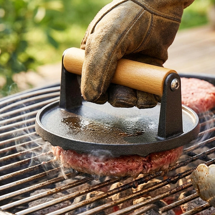 Cast Iron Burger Press Heavy Duty BBQ Meat Grilling Smasher Tool with Heat Resistant Wooden Handle (6.9" Diameter)