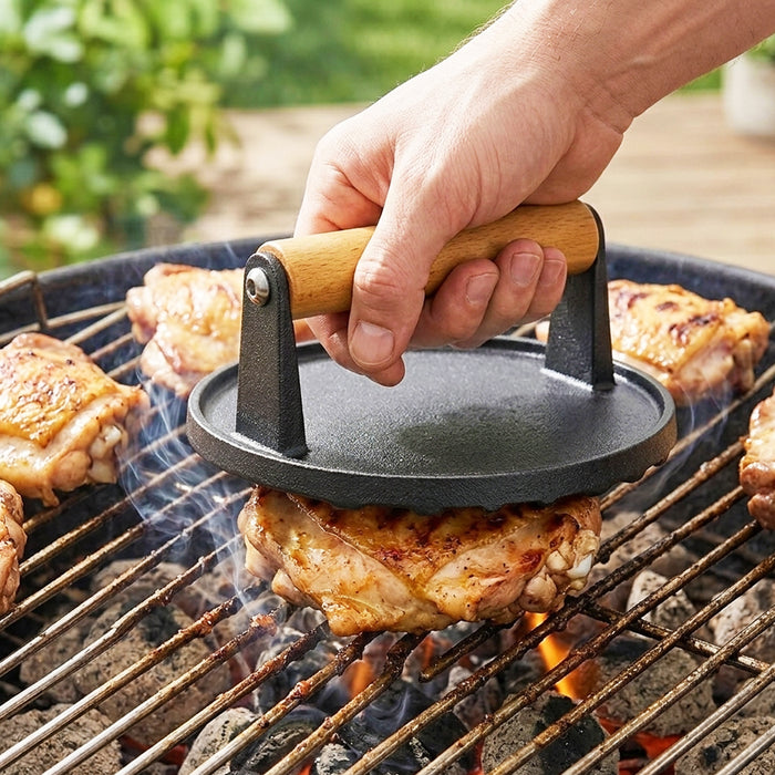 Cast Iron Burger Press Heavy Duty BBQ Meat Grilling Smasher Tool with Heat Resistant Wooden Handle (6.9" Diameter)