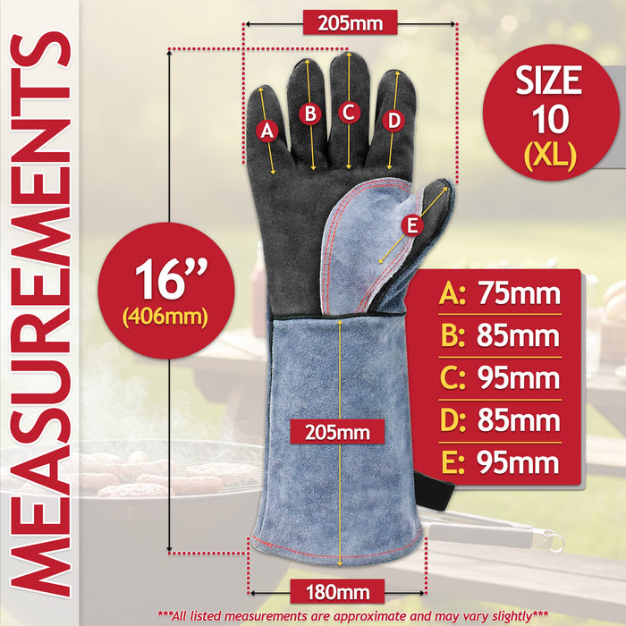 Welding Gloves BBQ Grill Oven 500°C / 932°F Extreme Heat Resistant Leather Gauntlets (Size 10, XL, 16" Extra Long)