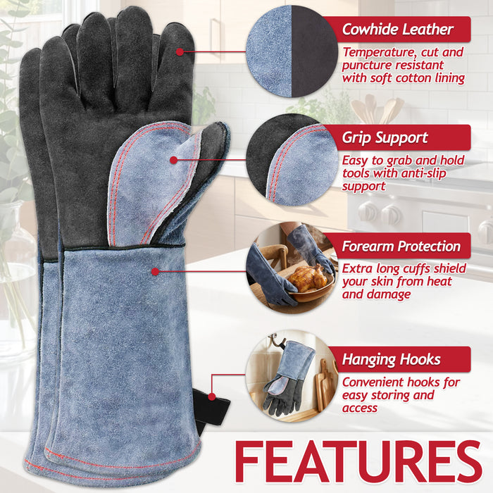 Welding Gloves BBQ Grill Oven 500°C / 932°F Extreme Heat Resistant Leather Gauntlets (Size 10, XL, 16" Extra Long)
