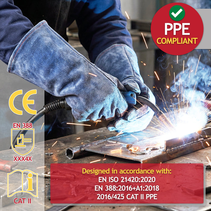 Welding Gloves BBQ Grill Oven 500°C / 932°F Extreme Heat Resistant Leather Gauntlets (Size 10, XL, 16" Extra Long)
